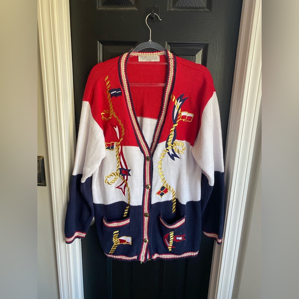 Vintage Karen Scott Sport Nautical Embroidered Sailing Sweater Cardigan-Size 2X